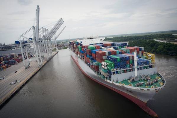 More than 9,500 TEUs were moved on and off of the OOCL France, one of two 13,000-plus TEU vessels to call the Port of Savannah within 21 days. The arrival of larger vessels, including the OOCL France, contributed to a record-breaking month for the Georgia Ports Authority.  (Photo: GPA)