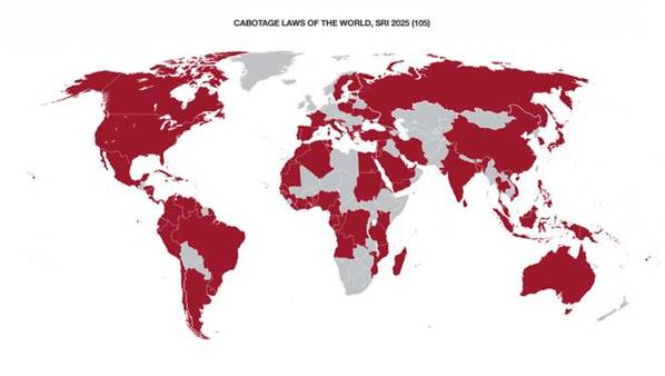 Map of 105 nations across the world that have cabotage laws, as recorded by the Seafarers' Rights International (Credit: SRI)