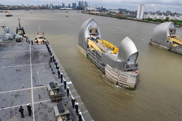 HMS Ocean Transits Thames Barrier: Photo courtesy of MOD