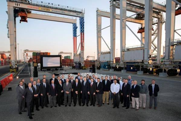 Officials from Konecranes and the Georgia Ports Authority commemorated the 1,000th rubber-tired gantry crane produced by the company, and completion of the latest phase of GPA's electric RTG infrastructure. The eRTGs use 95 percent less diesel than standard RTGs, saving on fuel costs and emissions.  (Photo: GPA)