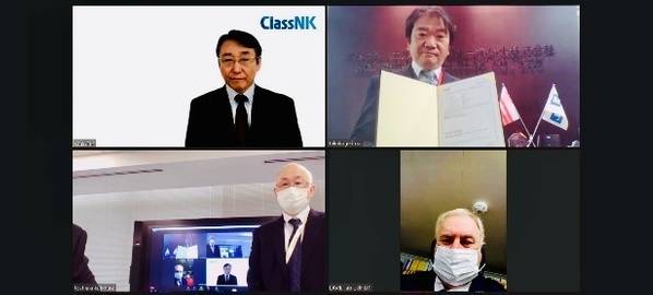 The Online Certificate Delivery Ceremony: (Top right: Takakage Imai, President, MOL Ship Management Co., Ltd.; Bottom right: Master of M/V “Orca Ace”, Capt. Sergey Nichiporenko; Bottom left: Satoshi Fujii, General Manager, Mitsui O.S.K. Lines, Ltd.; Top left: Yoshinori Kozeki, Corporate Officer, ClassNK)