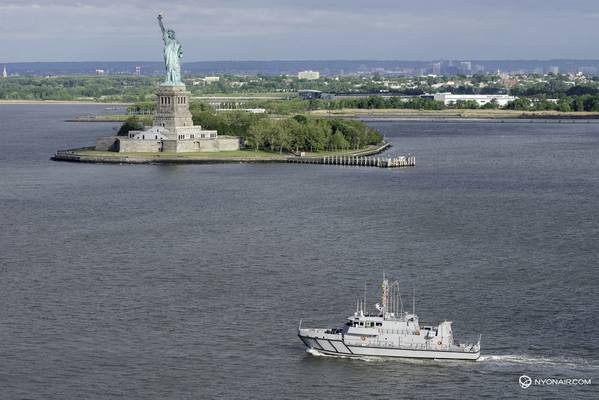 A USNA Yard Patrol Craft passes the Statue of Liberty as part of the parade of ships, kicking off Fleet Week New York 2015. (Photo courtesy nyonair.com)