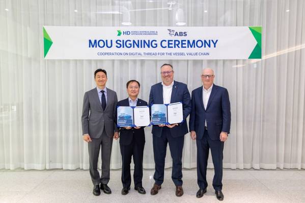 Photo Caption (L to R): Ki-sun Chung, Chairman & CEO, HD Hyundai; Hyung Kwan Kim, President & CEO of HD Korea Shipbuilding & Offshore Engineering; Patrick Ryan, ABS Senior Vice President and Chief Technology Officer; and John McDonald, ABS Chairman and CEO. © ABS