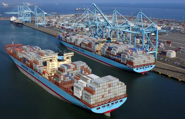 File photo: Maersk containerships at Pier 400 in Los Angeles (Photo: APM Terminals)