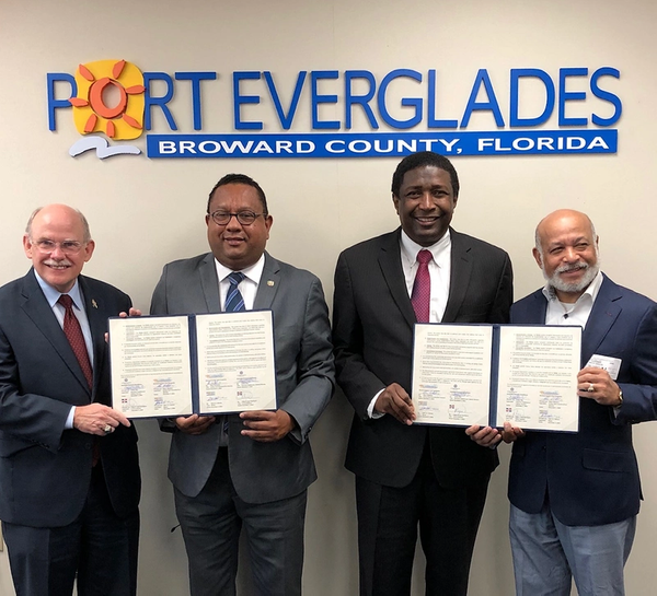 Pictured (L to R): Glenn Wiltshire,Acting Chief Executive and Port Director, Port Everglades; Aníbal Piña, Deputy Director, Dominican Republic Port Authority; Broward County Mayor Dale V.C. Holness; and Miguel Angel Rodriguez, Consul General of the Dominican Republic in Miami. (Photo: Port Everglades)
