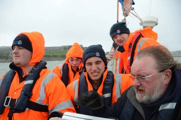 Putting their seamanship training to the test onboard the “Fairtide” from Offshore Marine Academy are (from left) Joe Stafford, Ralph Williams, Martyn Berrington and Scott Pitman with their tutor from the University, Andrew Eccleston.