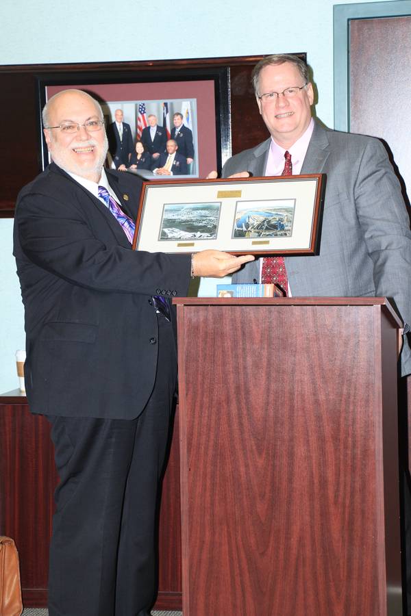 L-R Retiring Director of Corporate Affairs John Roby and Port Director/CEO Chris Fisher at the January Board of Commissioners Meeting (Photo: Port of Beaumont)