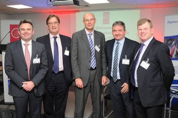 : Left to right:  Cammell Laird chief executive John Syvret, Atlantic Container Line managing director Ian Higby, Bibby Ship Management Group chief executive Ed Rimmer, Peel Ports chief operating officer Gary Hodgson, and Hill Dickinson partner and Mersey Maritime chairman John Hulmes