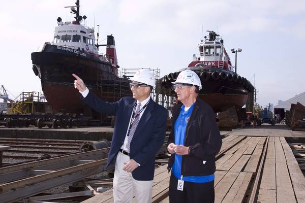 (left to right, Mark Houghton , Vice-President, Seaspan Marine Operations and Walter Gretzky tour Vancouver Shipyards)