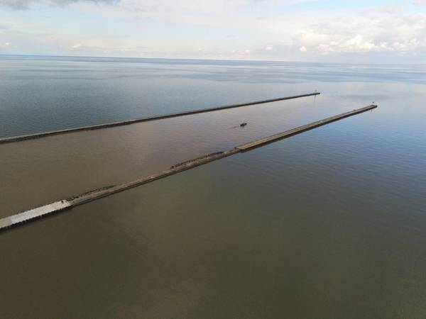 The Rochester Harbor East Pier viewed from above in Rochester, N.Y., November 4, 2021. The U.S. Army Corps of Engineers, Buffalo District will complete repairs to the pier in 2022. (U.S. Army Photo by USACE Buffalo District)