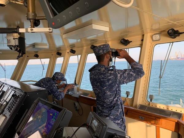 The Royal Bahrain Naval Force coalition ship, RBNS Al Muharraq, operates in the Arabian Gulf during a sentry patrol as part of the International Maritime Security Construct (IMSC). The IMSC maintains the freedom of navigation, international law, and free flow of commerce to support regional stability and security of the maritime commons. (Royal Bahrain Naval Force Courtesy Photo).