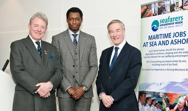 At the Seafarers Awareness Week launch on 9 February, from left to right: Commodore Barry Bryant CVO RN, Director General, Seafarers UK; Drew Brandy, Senior Vice President Market Strategy, Inmarsat Maritime; David Dingle CBE, Chairman, Maritime UK. (Photo: Seafarers UK)
