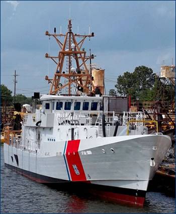 The lead Sentinel-class Fast Response Cutter, the Bernard C. Webber, enters the water for the first time on April 21. The cutter’s mast was installed a little over a week after the launch. U.S. Coast Guard photo.