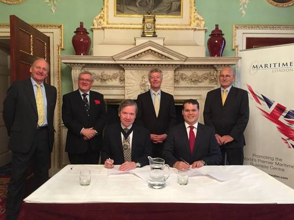 The MoU was signed by (seated) Lord Mountevans, Maritime London's chairman currently serving as the Lord Mayor of the City of London, and Claudio Chiste, chairman of SPNL. Also present were (standing from left to right) Maritime London Director Peter Ahlås, Chief Executive Doug Barrow, and Directors Jeremy Penn and Rodney Lenthal.  (Photo: Maritime London)