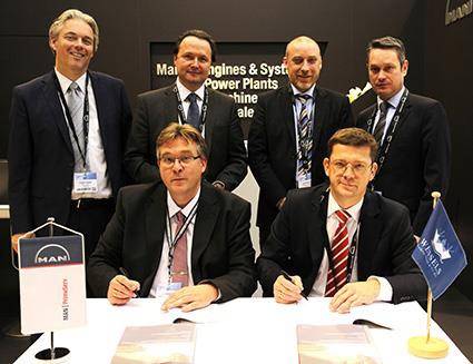 At the signing at Europort - front left to right: Dr. Thomas Spindler, Head of Upgrades & Retrofits, MAN PrimeServ Four-Stroke; and Christian Hoepfner, Wessels Reederei GM; and back left to right: Marcel Lodder, Project Engineer, Upgrade & Retrofit, MAN PrimeServ; Stefan Eefting, Vice President, MAN PrimeServ; Rainer Runde, Project Manager, Wessels Reederei; and Gerd Wessels, Managing Partner – Wessels Reederei