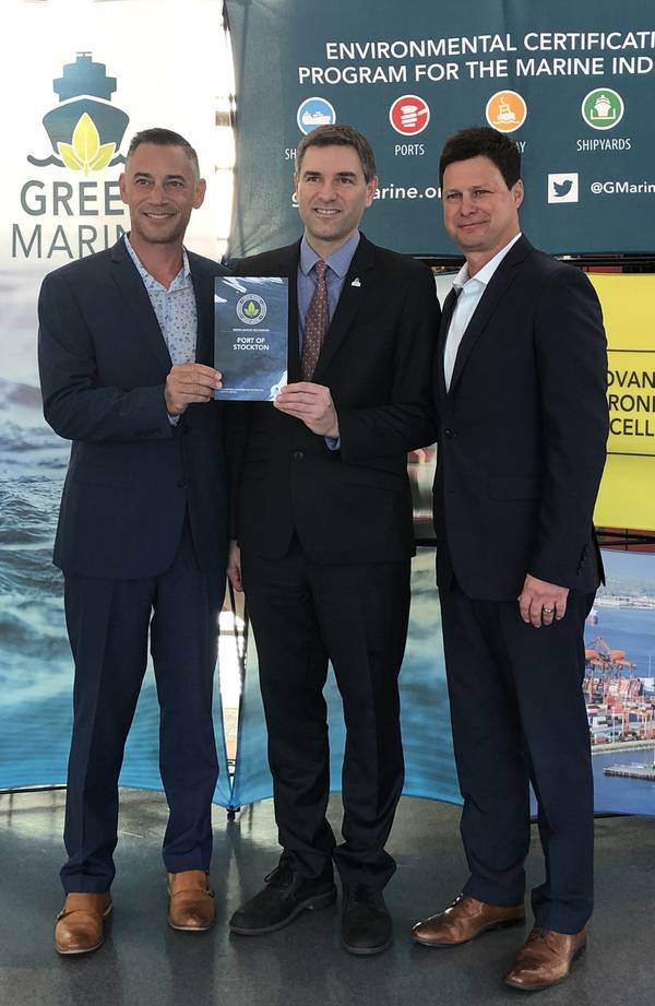 The Port of Stockton receives certification from Green Marine in recognition of its commitment to continuously reducing its environmental footprint. Pictured left to right are: Port of Stockton Environmental & Regulatory Affairs Manager Jason Cashman; Green Marine Executive Director David Bolduc; and Port of Stockton Director of Environmental & Public Affairs Jeff Wingfield. (Photo: Port of Stockton) 
