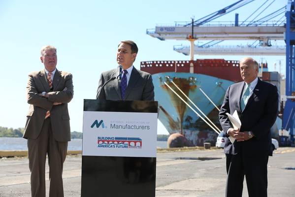 Jay Timmons, NAM President and CEO, discusses infrastructure survey results at the Port of Philadelphia. Also pictured, Port of Philadelphia Executive Director James McDermott (Left) and BAF Co-Chair and Former Pennsylvania Governor Ed Rendell (Right). Please credit National Association of Manufacturers/David Bohrer.