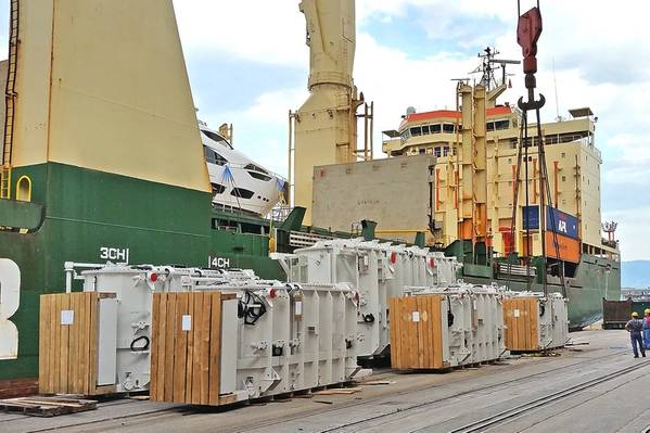 Some of the transformers of the recent record breaking shipment while being loaded onto  mv RICKMERS TOKYO in Rijeka mid-September. Photo: Liburnia Maritime Agency