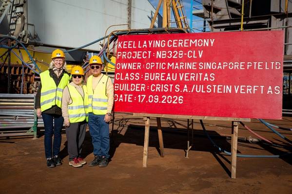 L-R: Ulstein CEO Gunvor Ulstein, OMS Group Chairman Datuk Lim Soon Foo and OMS Group Executive Director Datin Janet Ng during a visit to CRIST Shipyard in Gdynia, Poland, to view the construction progress of CS Resilience following its keel laying on September 17, 2026. © OMS Group