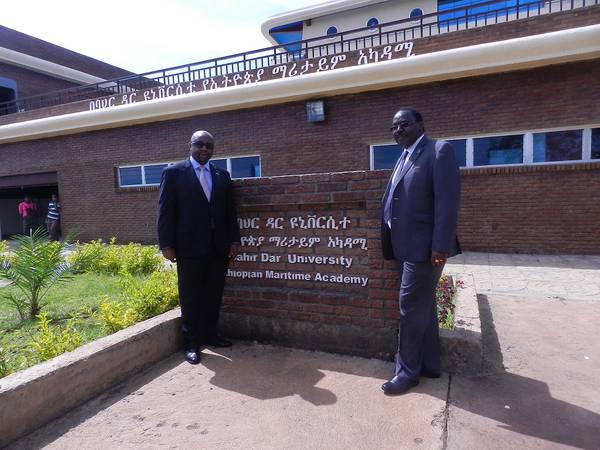 William Azuh (left) and Juvenal J M Shiundu, of the IMO Technical Cooperation Division, London, outside the EMTI Academy in Ethiopia (Photp: EMTI)