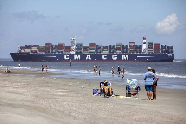 The 14,000 TEU container ship CMA CGM Theodore Roosevelt sails up river past Tybee Island, Ga., Friday, September 1, 2017, to the Port of Savannah in Garden City, Ga. (Photo: GPA Photo/Stephen Morton)