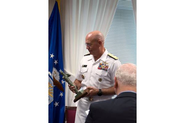 Vice Adm. Kurt Tidd accepts the "Old Salt" award during a ceremony at the Pentagon in Washington, D.C. Tidd is the 19th recipient of the "Old Salt" award, presented to the longest serving surface warfare officer on continuous active duty. (US Navy photo by Tyrell K. Morris)