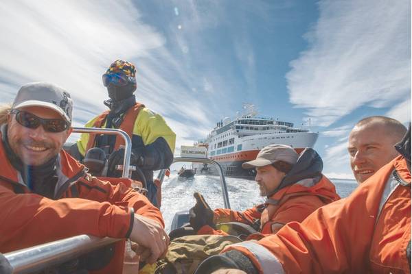 Adventurists: staff and travelers head to shore at Brown Bluff, Antarctica (Credit: Esther Kokmeijer/courtesy Hurtigruten AS)