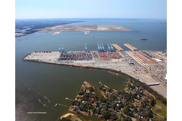 An aerial view of the NIT expansion project. CREDIT: Port of Virginia