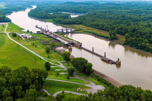 Aerial view of the Jerry F. Costello Lock &amp; Dam on the Kaskaskia River. CREDIT: St. Louis Freightway