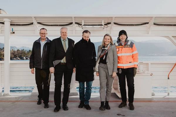 The 10 year anniversary was celebrated onboard the Ampere
Steinar Johnsen Operational Manager at Norled and previous Captain onboard Ampere
Edmund Tolo, R&D and Sales Manager Fjellstrand
Fredrik Witte, CEO at Corvus Energy
Kathrine Meldahl, Head of ferry operation, Norled
Edward Sandvik, Director of Climate and Sustainability at Norwegian Public Roads Administration
Image courtesty Corvus