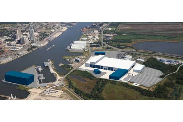 Austal USA also invested in a new steel panel line, due to open in 2022. To accommodate the new steel line, Austal will literally split its modular manufacturing facility down the middle. “One side will be kicking out aluminum modules, the other side will be kicking out steel modules,” said Mike Bell, VP Operations. Photo courtesy Austal USA