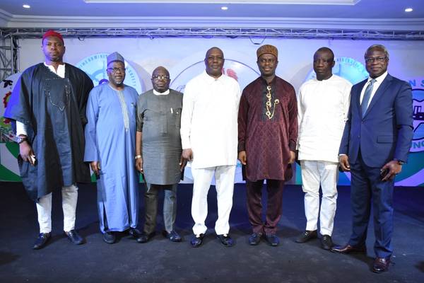Board Chairman, Nigerian Maritime Administration and Safety Agency, NIMASA (3rd left) Deputy Governor, Delta State, Barrister Kingsley Otuaro (middle), Director General, NIMASA, Dr. Dakuku Peterside (3rd right) and other NIMASA Board member. (Photo:NIMASA)