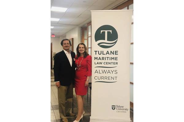 Boriana enjoys giving back to the community which has supported her throughout her career, pictured here with 
Martin Davies, the head of the Admiralty Law Center at her alma mater Tulane Law School, where she recently gave a presentation to students.