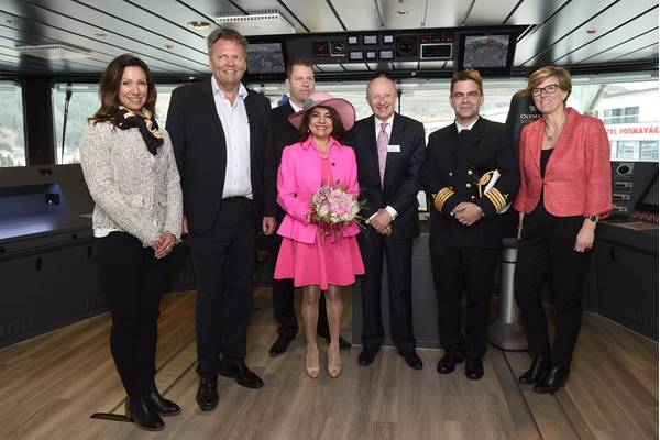On the bridge after the naming ceremony: From left: Oddlaug Remøy, Stig Remøy (ship owner, Olympic Shipping), Johnny Fredriksen (Chief), Connie Brown (Lady sponsor), Mike Brown (Chairman, Bibby Offshore), Bjørnar Jenset (Master), Kjersti Kleven (Chairman, Kleven). (Photo courtesy of Kleven)