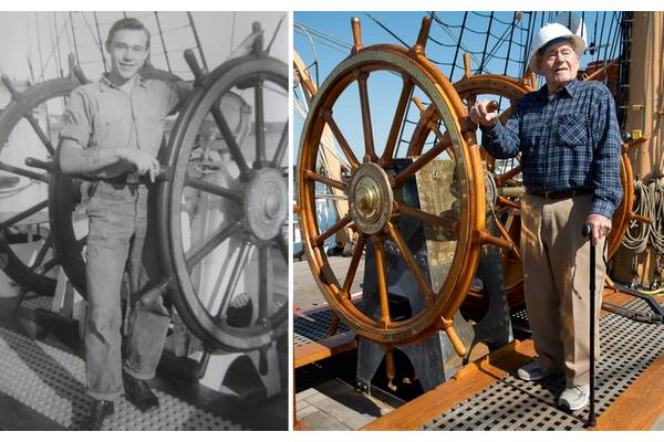 Briggs aboard the Eagle during his time as a coastguardsman (left), and again, more than six decades later, upon his return to the vessel (right)