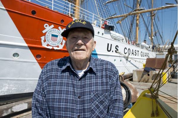 Jim Briggs, One of the Eagle’s first American crewmembers, returns to the vessel after 66 years (Photo: Jasmine Mieszala)