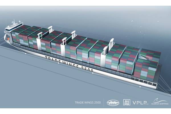 Bureau Veritas has granted an  Approval in Principle (AIP) for Trade Wings 2,500, a design for a 197 x 32 m, 2500-TEU container ship designed jointly by VPLP Design, Alwena Shipping, SDARI, and AYRO. Image courtesy BV