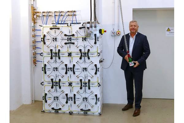 "Burning LI batteries cannot be extinguished": EAS’s Michael Deutmeyer alongside a trademark EASy-Marine module containing lithium iron phosphate cells said to not be combustible. Image courtesy: EAS/Britishvolt