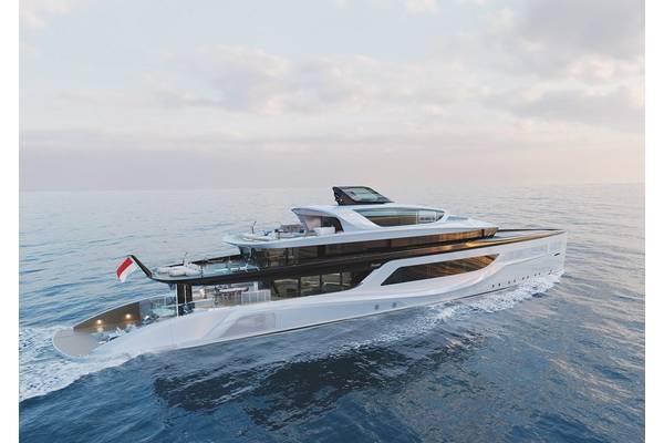 Jury Chairman Roger Lean-Vercoe said Hakim’s “well-presented design showed strong, innovative and attractive lines, which were accompanied by an extremely well-drawn general arrangement plan and an appealing interior design.” Image courtesy Feadship