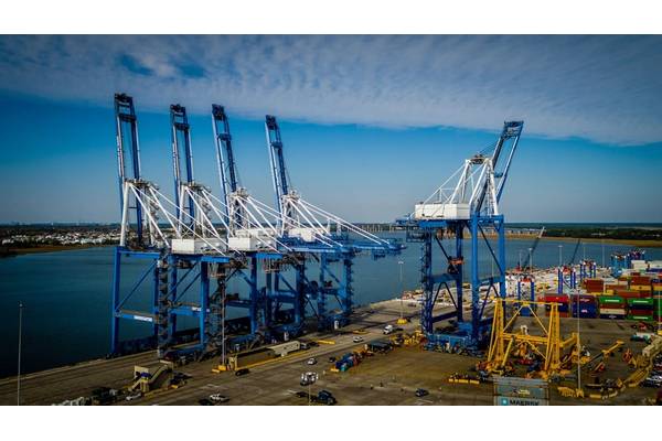 The port of Charleston's waterfront boasts new post-Panamax container handling cranes. (CREDIT: ZPMC