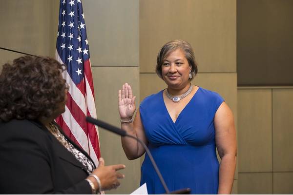 Chief Justice Bernette J. Johnson of the Louisiana Supreme Court swears in Tara C. Hernandez as the latest appointment to the Board of Commissioners of the Port of New Orleans. (Photo: Port of New Orleans)