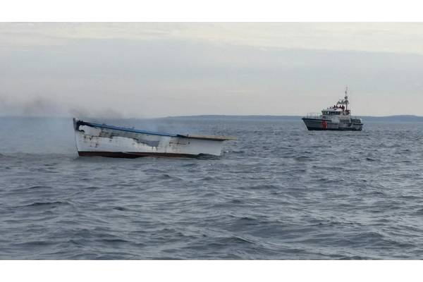 A Coast Guard 47-foot Motor Life Boat is on scene at a lobster boat fire near Ipswich, Mass. Coast Guard Stations Merrimack River and Gloucester along with the Ipswich Fire Department responded after the operator declared mayday. (Photo: U.S. Coast Guard)