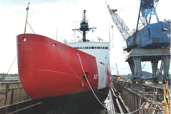 Coast Guard Cutter Polar Star sits on blocks in a Vallejo, Calif., dry dock facility undergoing depot-level maintenance including inspections and repairs to critical cutter components prior to the cutter’s next patrol, April 16, 2018. As activity in the Polar Regions continues to grow, the Coast Guard maintains their aging icebreaking assets to protect U.S. security, environmental and economic interests in these regions of the world. U.S. Coast Guard photo by Petty Officer 1st Class Matthew S. M