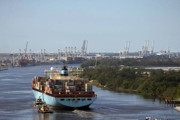 Containership MSC Kleven sails up river to the Port of Savannah after the Savannah River reopened following Hurricane Matthew in Savannah, Ga., Wednesday, Oct.12, 2016. Nine vessels worked at the Garden City Terminal on Wednesday. (Photo: Georgia Ports Authority/Stephen B. Morton)