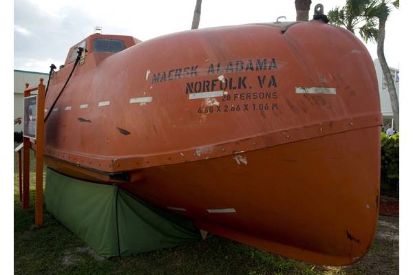 The life raft from the containership MV Maersk Alabama that Capt. Phillips was held captive in by Somali pirates is on permanent display at the National Navy UDT-SEAL Museum in Fort Pierce, Fla. (U.S. Navy photo by Joseph M. Clark)