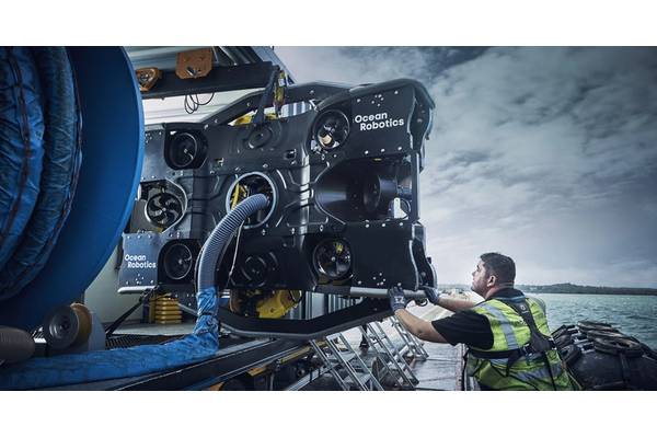 ECOsubsea robotic hull cleaner shown with shore connection pipe (Photo: ECOsubsea)