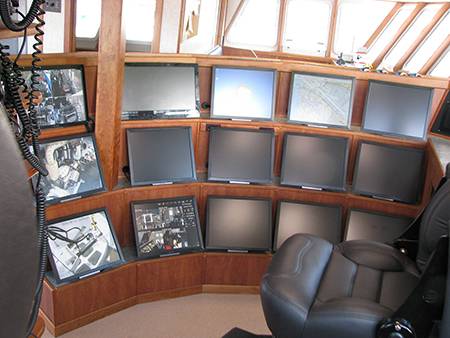Fifteen monitors track activity on board and around the boat.