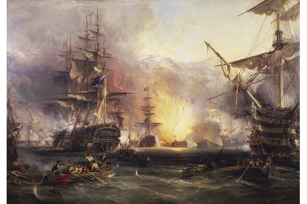 George Chambers depicts the Bombardment of Algiers, dramatically foregrounding British ships. Oil on canvas, by George Chambers, 1836.
© National Maritime Museum, Greenwich, London. Greenwich Hospital Collection.