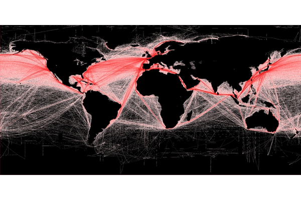 Global shipping routes crisscross the world’s oceans in this map of shipping lanes derived from a 2008 study of the human impact on marine ecosystems. (Credit: Grolltech)