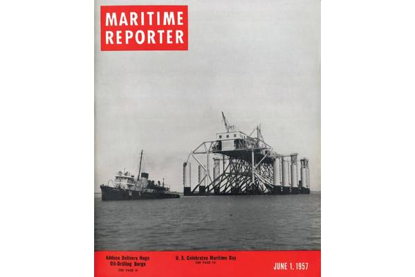 Gracing the cover of the June 1, 1957 edition was a  “Huge Oil Drilling Barge” the Margaret which was one of the largest ever built at 300 ft. long, 200 ft. wide and 93 ft. high, capable of an operating depth of 65 ft. Margaret was built by Alabama Dry Dock & Shipbuilding Company for the Ocean Drilling and Exploration Company, New Orleans.